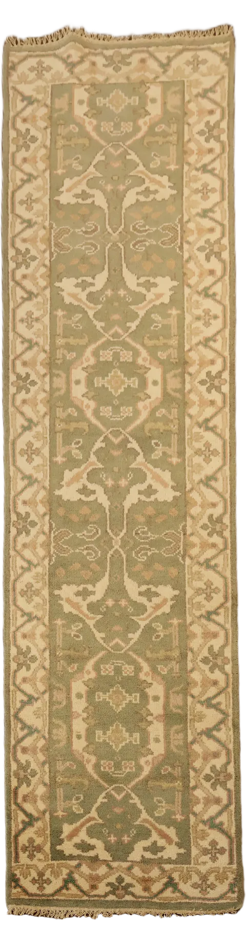 Handmade Green Oushak Oriental Runner Rug 3x10