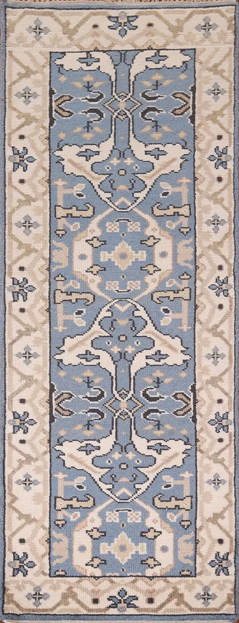 Handmade Blue Oushak Indian Runner Rug 3x8