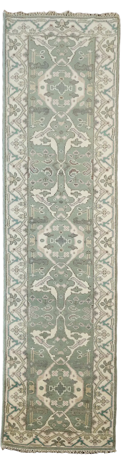 All-Over Green & Ivory Oushak Oriental Runner Rug 3x10
