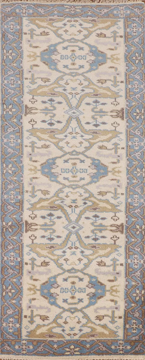 Ivory & Blue Handmade Oushak Indian Runner Rug 3x8