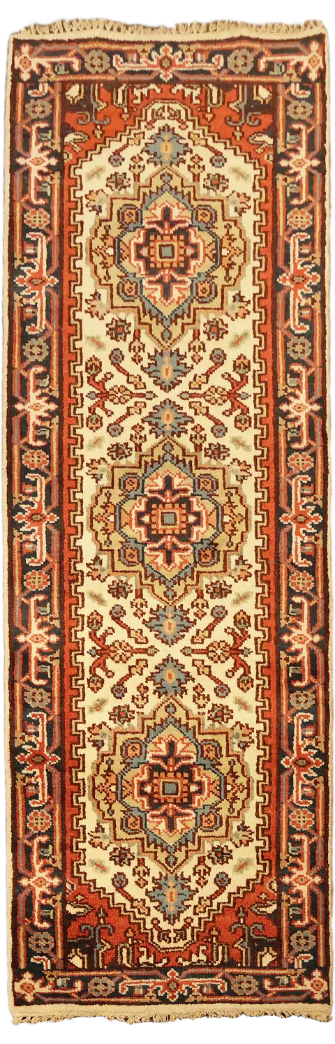 Ivory Wool Geometric Heriz Serapi Oriental Runner Rug 3x8
