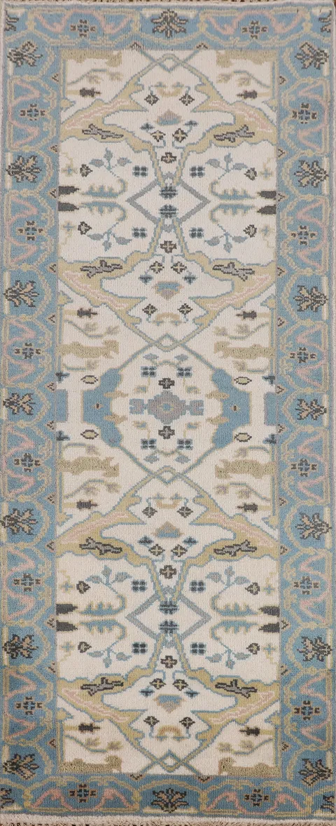 Ivory & Light Blue Oushak Oriental Runner Rug 3x8