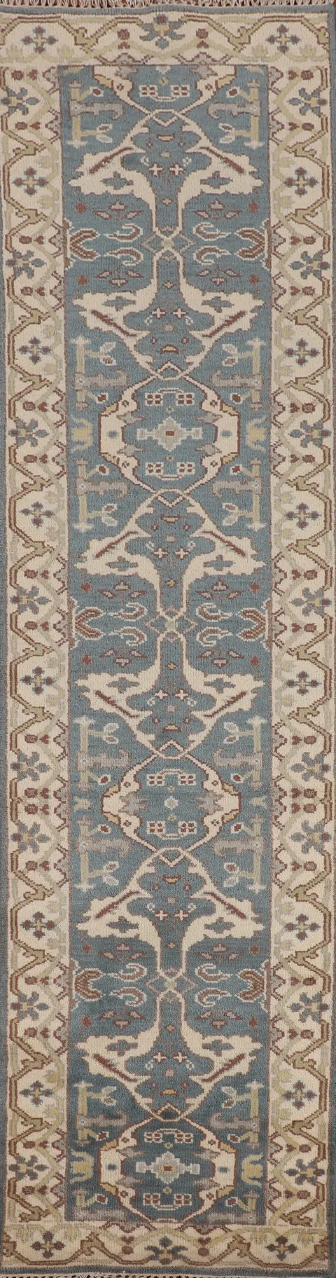 Light Blue Handmade Oushak Indian Runner Rug 2x12