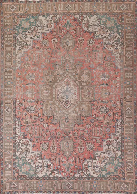 Geometric Pink Wool Tabriz Persian Area Rug 10x13