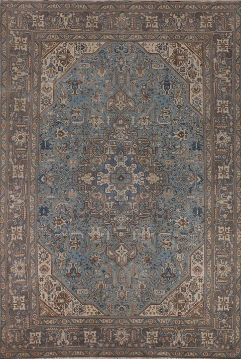 Blue Geometric Wool Tabriz Persian Area Rug 9x13