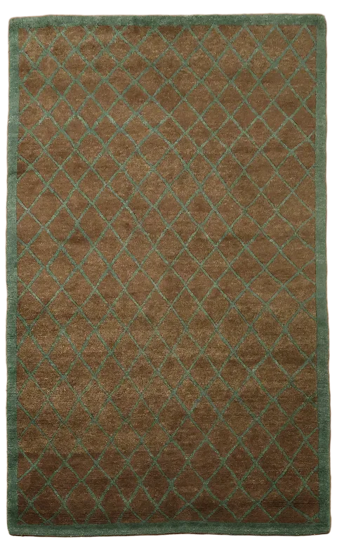 Modern Brown Wool Rug with Green Diamond Patterns 5x8