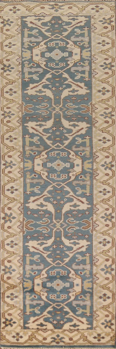 Light Blue Handmade Oushak Indian Runner Rug 3x10
