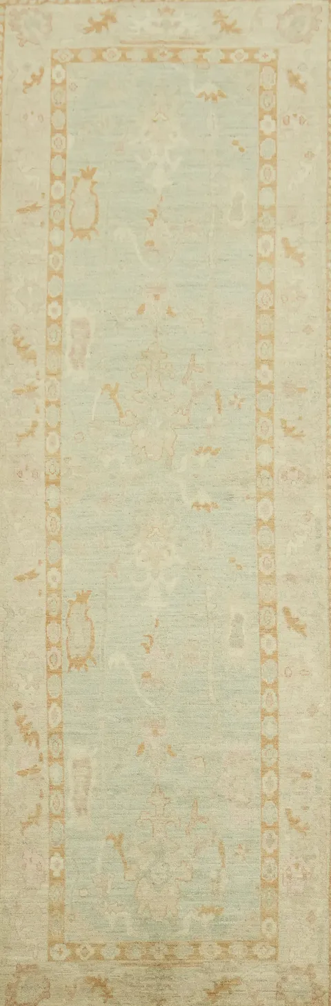 Muted Pastel Green Oushak Turkish Runner Rug 4x12 ft