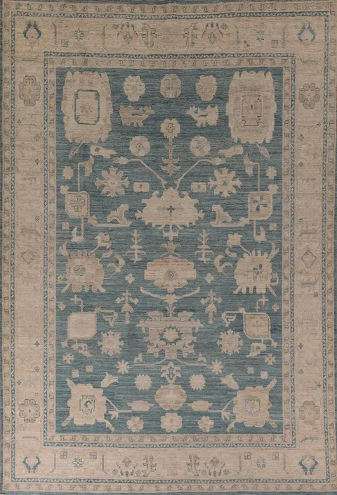 Teal Blue Vegetable Dye Oushak Turkish Area Rug 8x11
