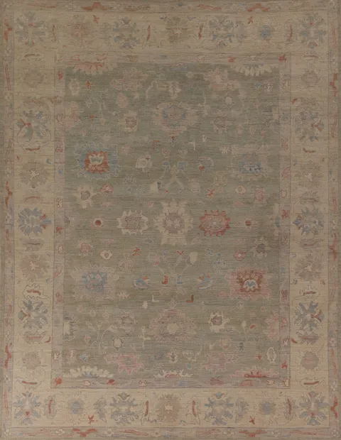 Green Floral Oushak Vegetable Dye Area Rug 8x10
