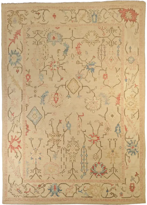 Beige Artisan Oushak Turkish Rug with Subtle Floral Embellishments 10'x14'