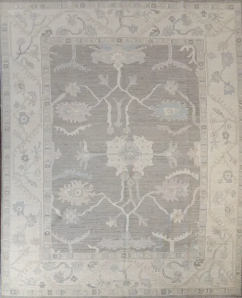 Elegant Traditional Grey and Ivory Oushak Turkish Rug 9x12 ft