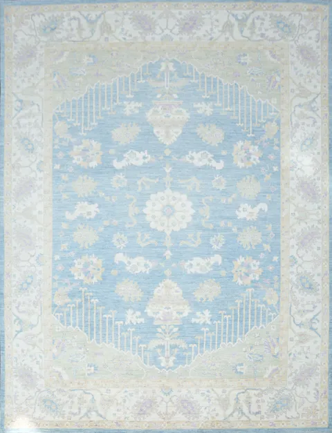 Hand-Knotted Blue Oushak Turkish Area Rug - 9x12 Vegetable Dye Wool Rug