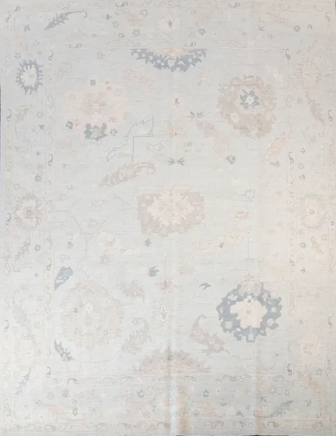 Luxurious Beige and Blue Oushak Turkish Living Room Rug 9x12 ft