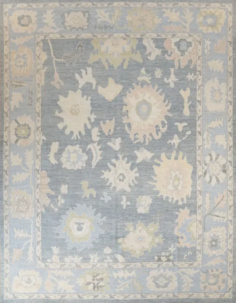 Luxurious hand-knotted Grey and Blue Oushak Turkish Rug 9x12 ft