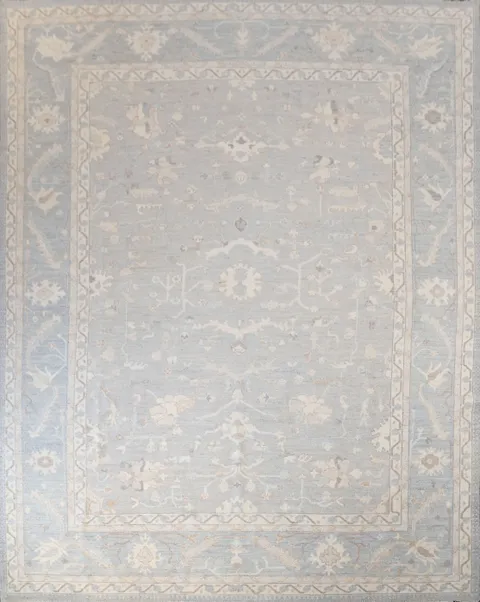 Elegant Silver and Beige Oushak Turkish Vegetable Dye Rug 9x12 ft