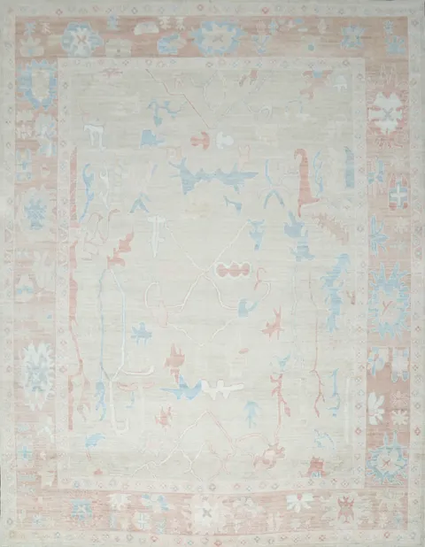 Elegant Beige and Pastel Blue Oushak Turkish Living Room Rug 9x12