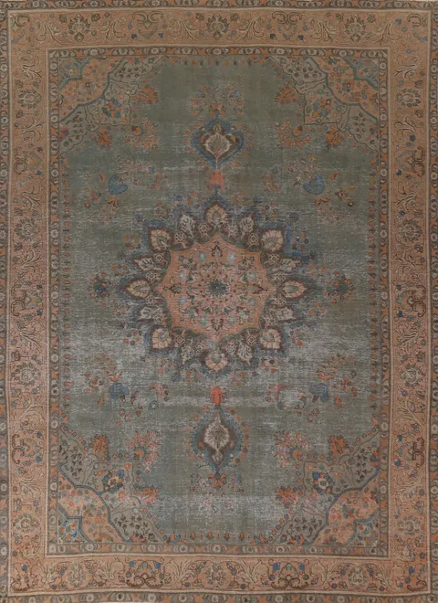 Vintage Green Tabriz Persian Area Rug 10x13