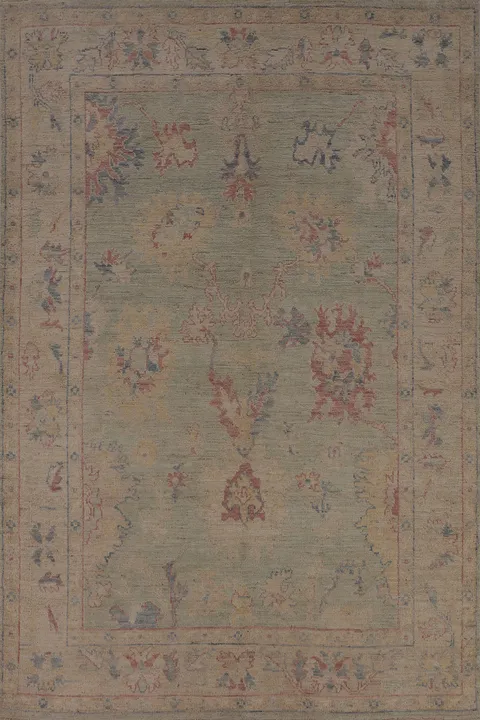 Light Green Oushak Vegetable Dye Turkish Rug 5x7
