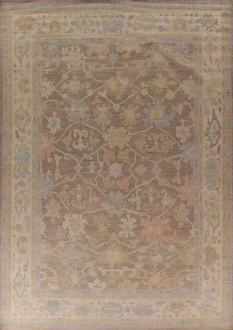 Brown Floral Oushak Vegetable Dye Wool Area Rug 9x13