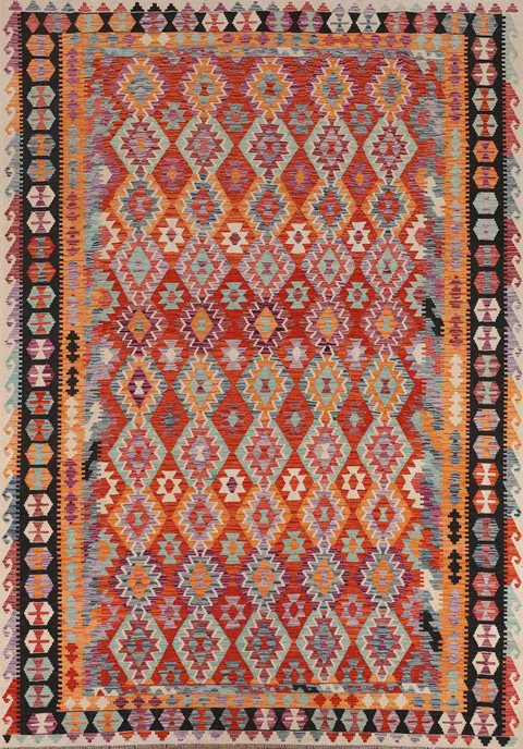 Flat Weave Orange Kilim Wool Area Rug 8x11