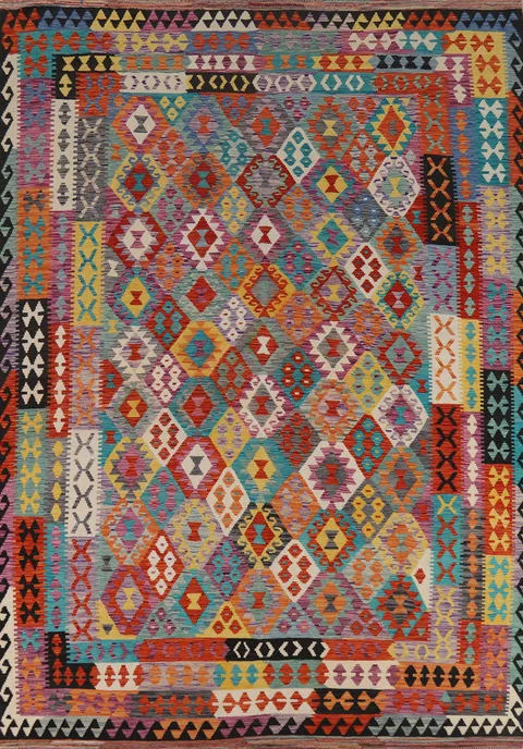 Flat Weave Colorful Kilim Wool Area Rug 8x12
