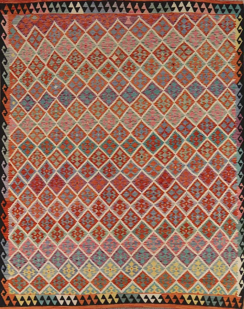 All-Over Wool Trellis Kilim Wool Area Rug 8x10