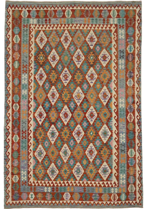 Vibrant Geometric Pattern Flat-Weave Kilim Wool Rug 8'x11'