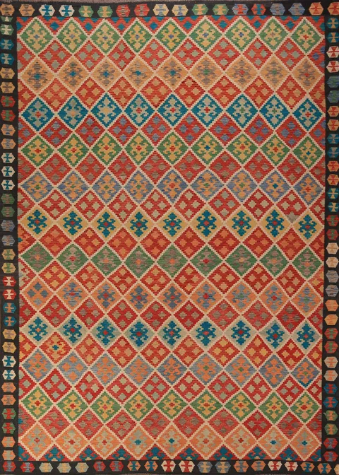 All-Over Trellis Kilim Flat Weave Wool Area Rug 9x11