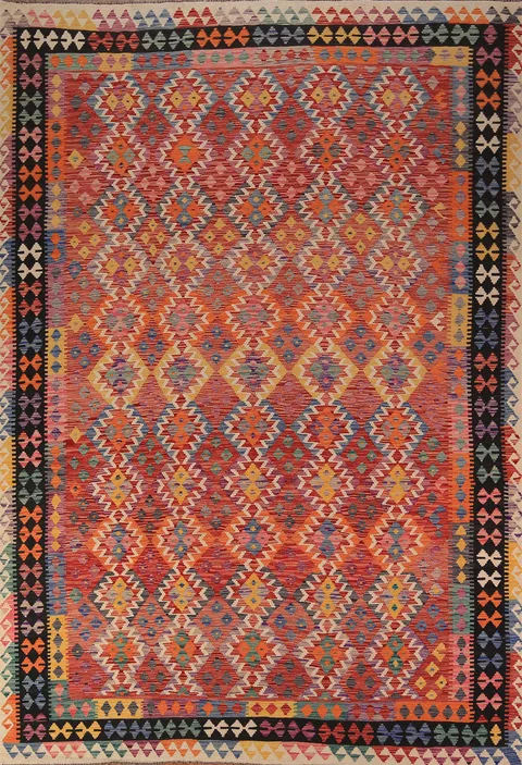 Orange Wool Geometric Kilim Oriental Area Rug 8x12