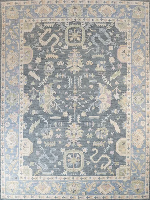 Vegetable Dye Dark Grey and  Lilac Oushak Turkish Area Rug 9x12