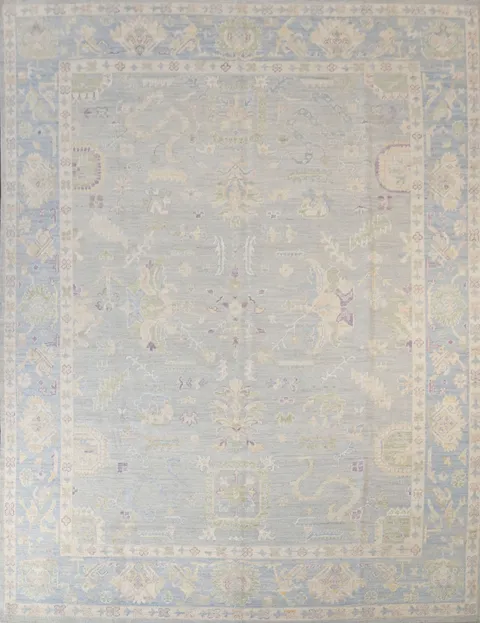 Pastel Toned Muted Grey Oushak Turkish Hand Knotted Rug 9x12 ft