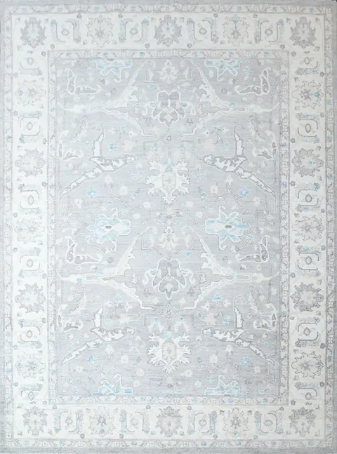 Vegetable Dye Grey and White Oushak Turkish Area Rug 9x12