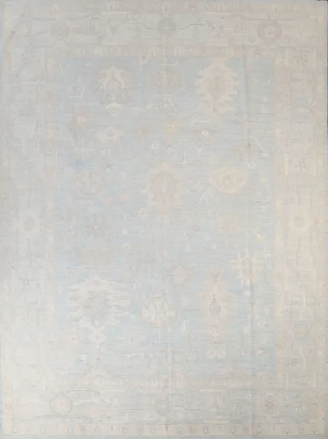 Muted Blue and White Oushak Turkish Living Room Rug 9x12
