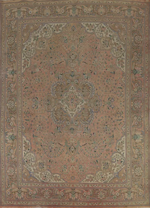 Distressed Wool Floral Tabriz Persian Area Rug 10x13