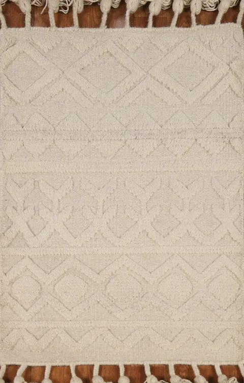 Geometric Ivory Wool Moroccan Oriental Accent Rug 2x3