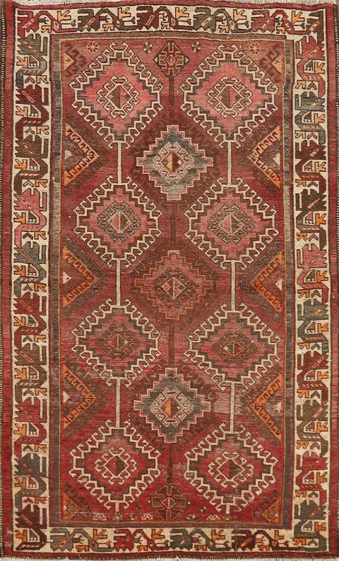 Red & Pink Geometric Wool Bakhtiari Persian Rug 4x7