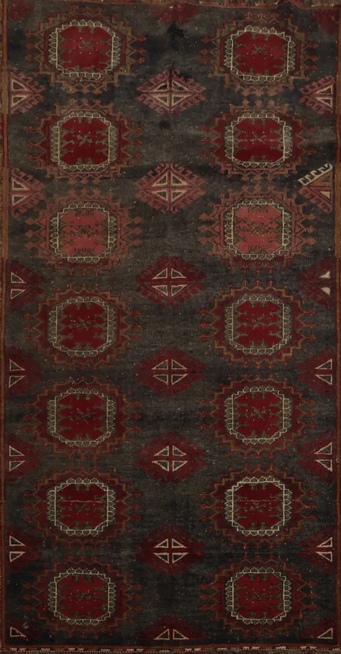 Vintage Charm Distressed Balouch Persian Rug 4x7 with Rich Patterns