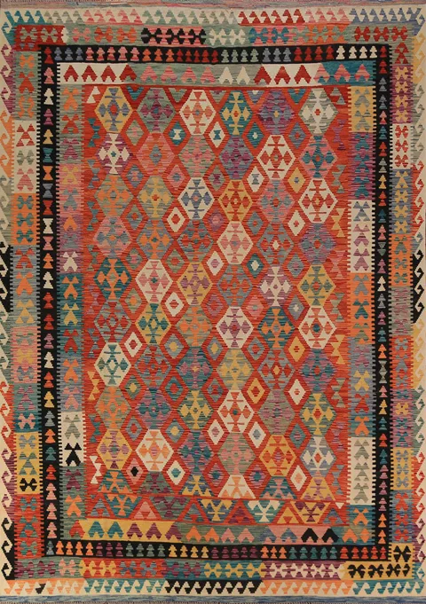 Geometric Kilim Reversible Wool Area Rug 8x11