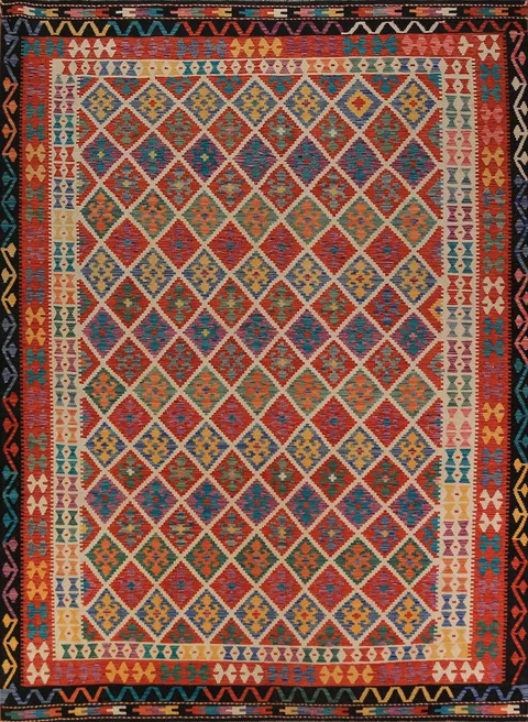 Geometric Trellis Kilim Wool Area Rug 9x11