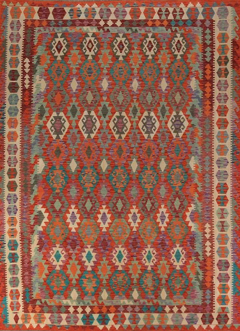 All-Over Geometric Kilim Wool Area Rug 9x11