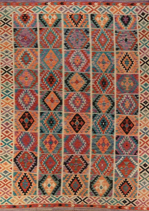 All-Over Geometric Kilim Reversible Wool Area Rug 8x11