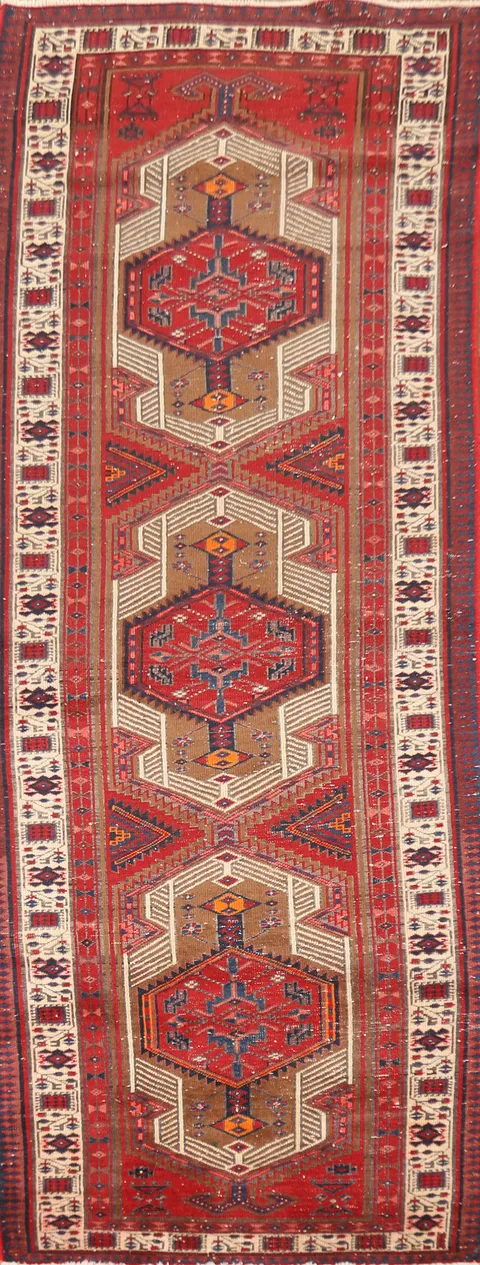 Tribal Wool Geometric Ardebil Persian Runner Rug 3x11