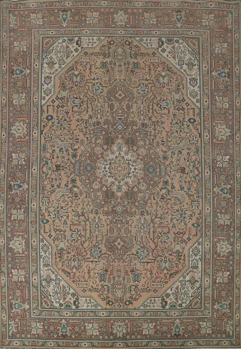 Geometric Peach Wool Tabriz Persian Area Rug 8x11