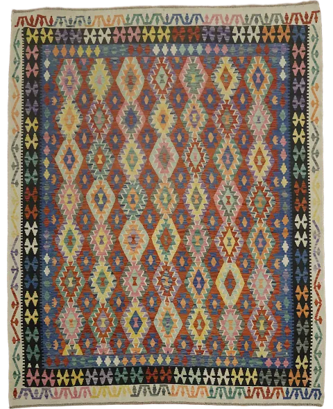 Colorful Kilim Style Rug with Intricate Diamond Designs 8x10