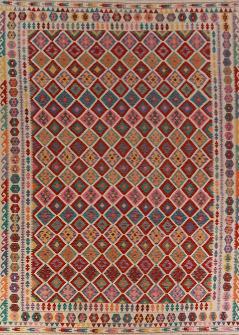Reversible Wool Trellis Kilim Oriental Area Rug 10x13