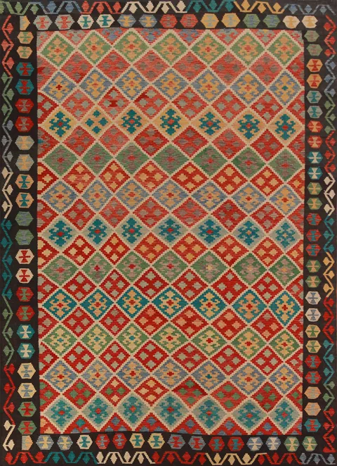 Flat Weave Wool Trellis Kilim Oriental Area Rug 9x11