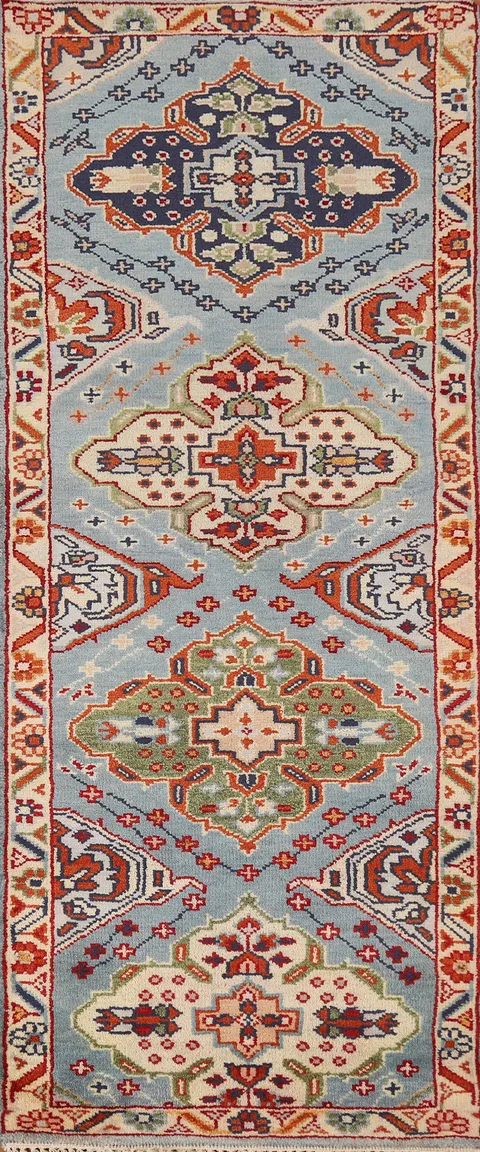 Light Blue Geometric Kazak Indian Runner Rug 3x8