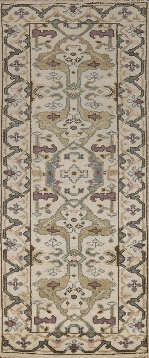 All-Over Ivory Wool Oushak Indian Runner Rug 3x8