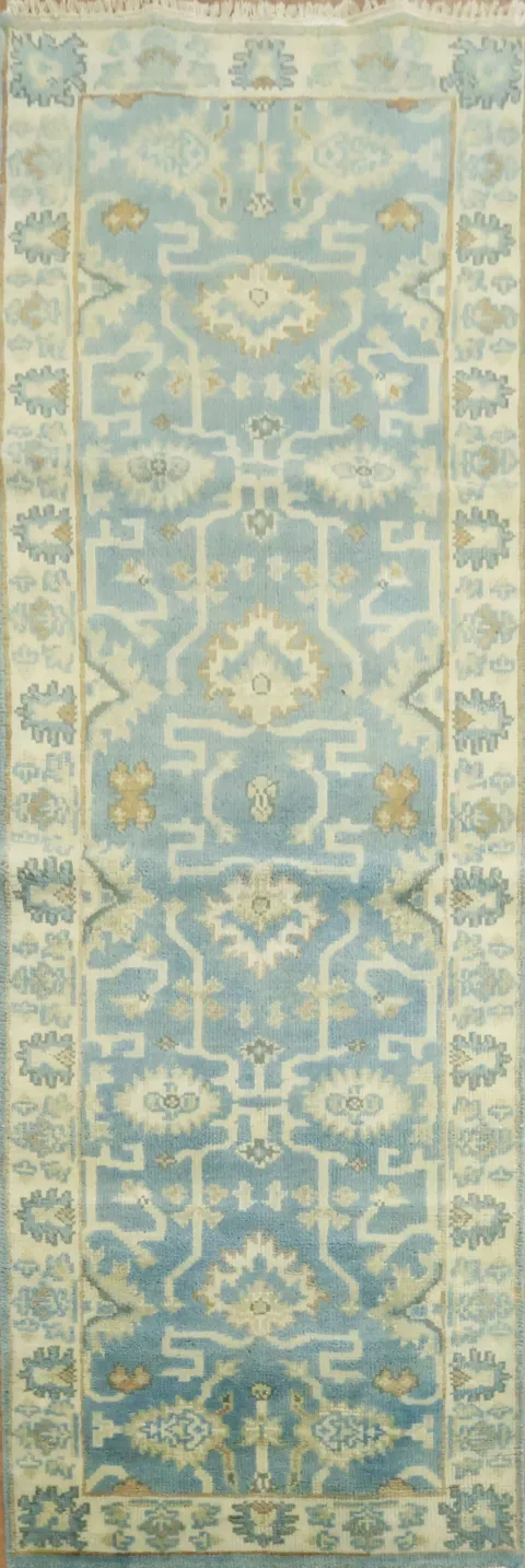 Blue Geometric Oushak Indian Runner Rug 3x8
